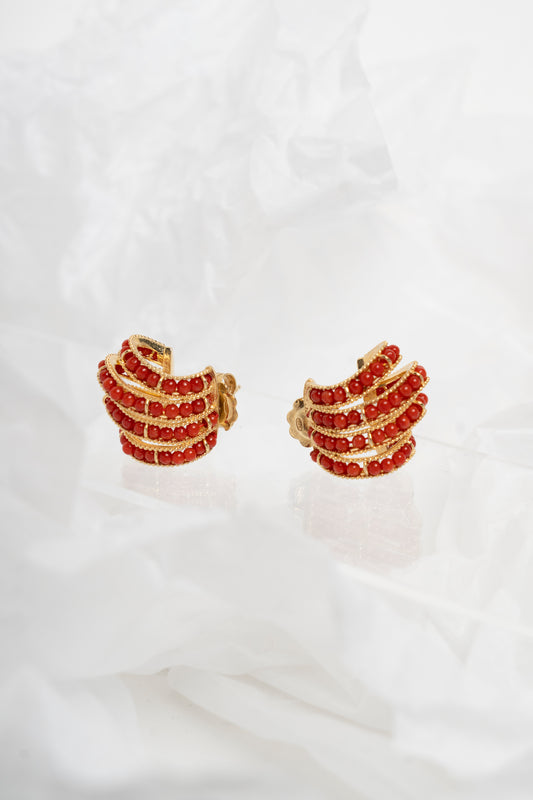 SOARA - ORECCHINI A SALIRE IN ARGENTO DORATO E CORALLO