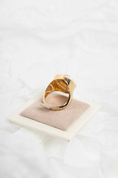 SOARA - ANELLO A GOCCIA CON CENTRALE IN CORALLO E MICROSFERE IN PERLE