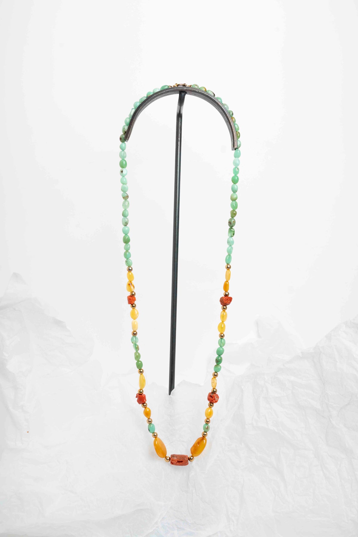 SOARA - COLLANA LUNGA CRISOPRASIO, CORALLO E AMBRA