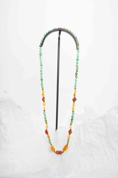 SOARA - COLLANA LUNGA CRISOPRASIO, CORALLO E AMBRA
