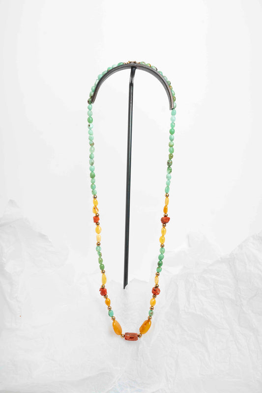 SOARA - COLLANA LUNGA CRISOPRASIO, CORALLO E AMBRA
