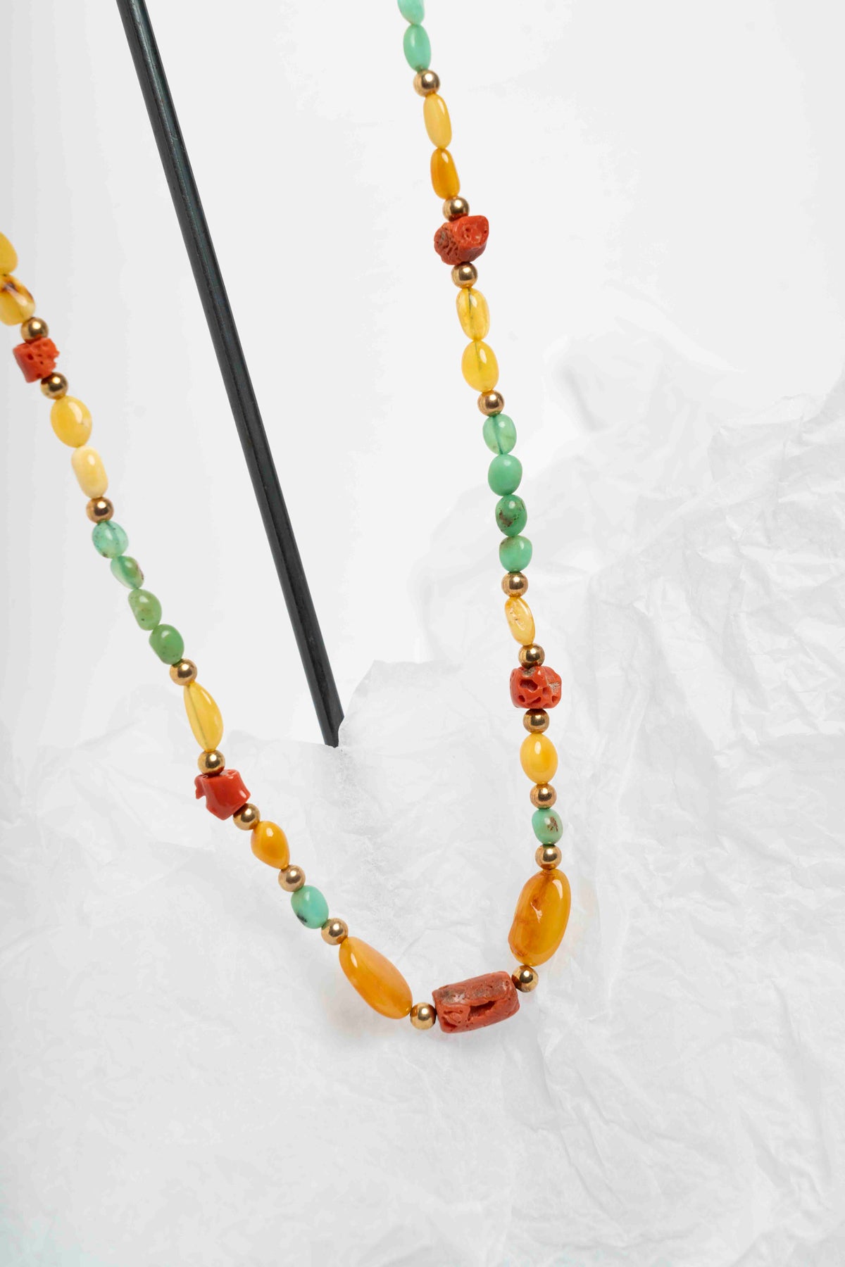 SOARA - COLLANA LUNGA CRISOPRASIO, CORALLO E AMBRA