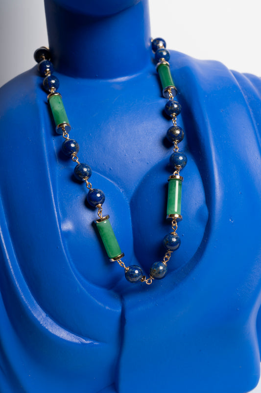 COLLANA OTTONE AGATA VERDE QUARZO BLU