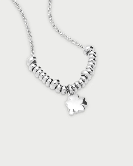 COLLANA GIROCOLLO ARGENTO RODIO CON SFERE E MICRO PENDENTE QUADRIFOGLIO