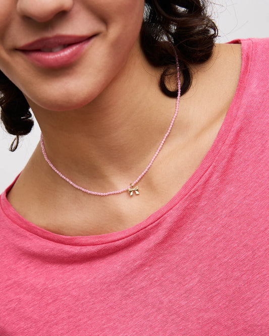 COLLANA GIROCOLLO CON FIOCCO DORATO E FIRLO ZIRCONI ROSA