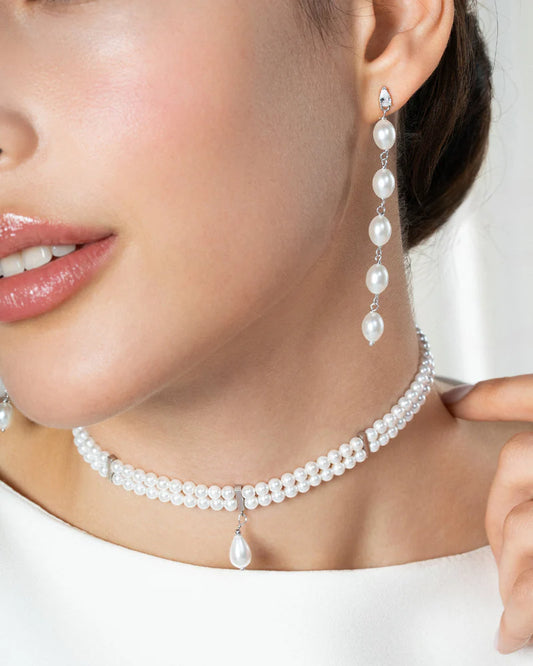 RDM- COLLANA CHOCKER ELASTICO DOPPIO FILO DI PERLE E PENDENTE CENTRALE