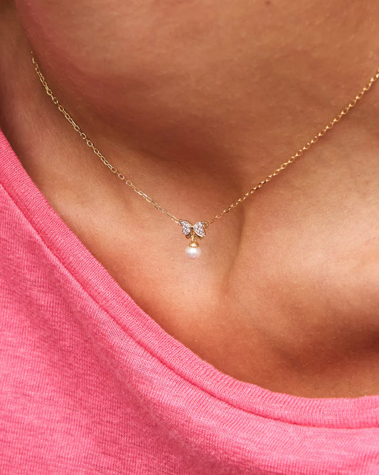 COLLANA GIROCOLLO ARGENTO DORATO FIOCCO PAVE' ZIRCONI E PERLA PENDENTE