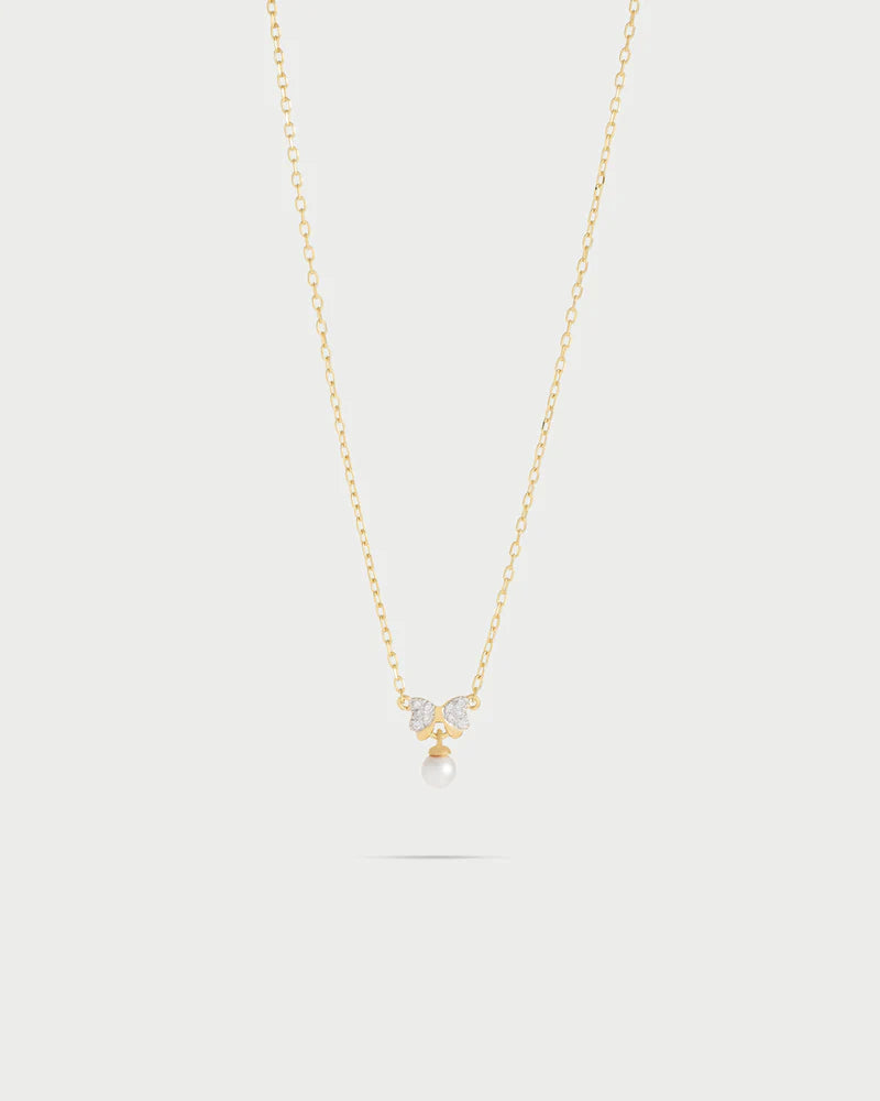 COLLANA GIROCOLLO ARGENTO DORATO FIOCCO PAVE' ZIRCONI E PERLA PENDENTE