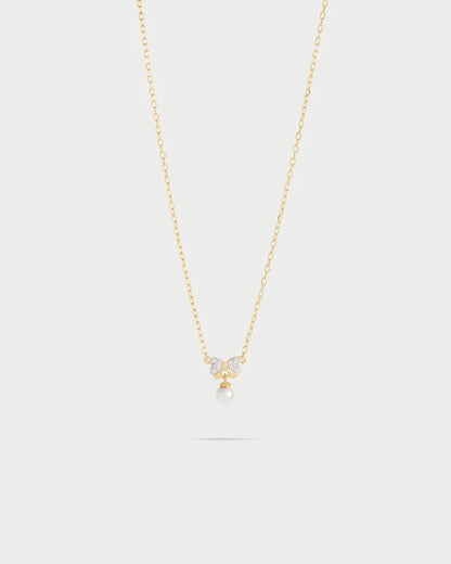 COLLANA GIROCOLLO ARGENTO DORATO FIOCCO PAVE' ZIRCONI E PERLA PENDENTE