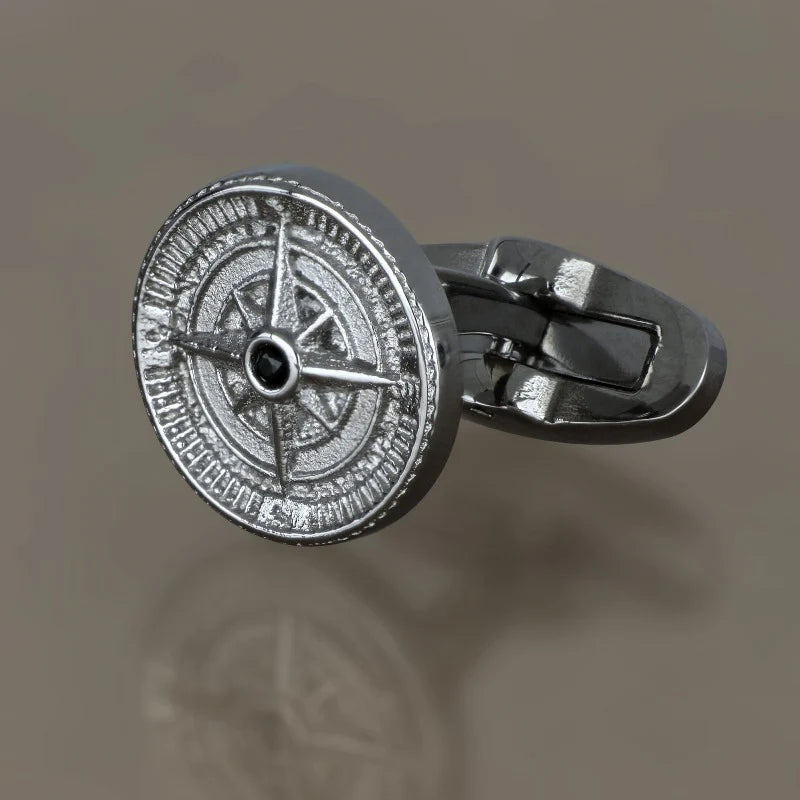 GOYATE' - GEMELLI IN ACCIAIO CON ROSA DEI VENTI E ZIRCONE CENTRALE NERO