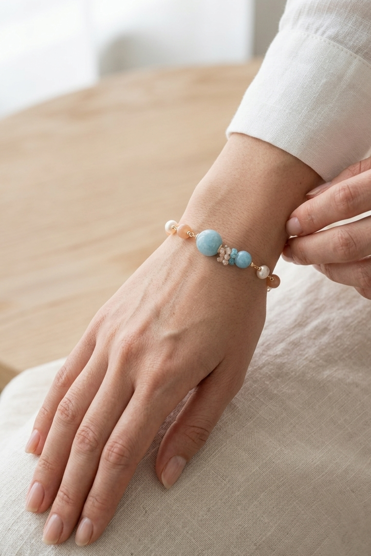 SICYLUI - BRACELET WITH BLUE AND BEIGE JADE AND PEARLS