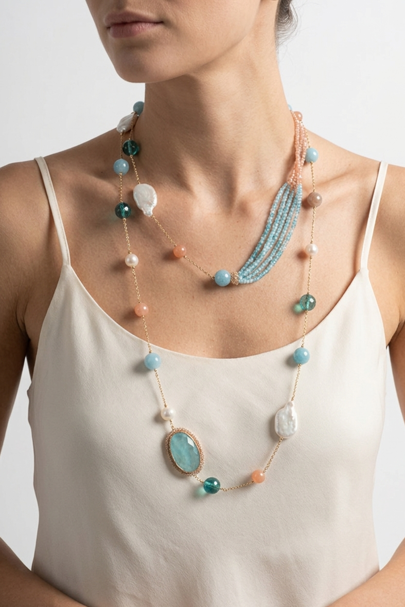 SICYLU - LONG ROCK CRYSTAL, AZURE, AND SUNSTONE NECKLACE