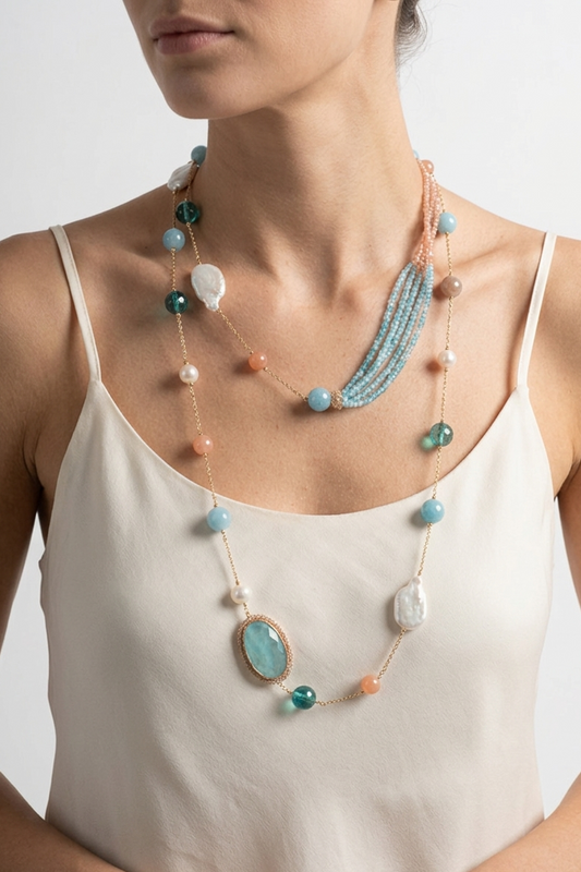 SICYLU - LONG ROCK CRYSTAL, AZURE, AND SUNSTONE NECKLACE