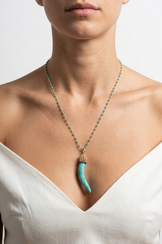SICYLUI - COLLANA CON CORNO IN CERAMICA TIFFANY E CORONA CON ZIRCONI BIANCHI