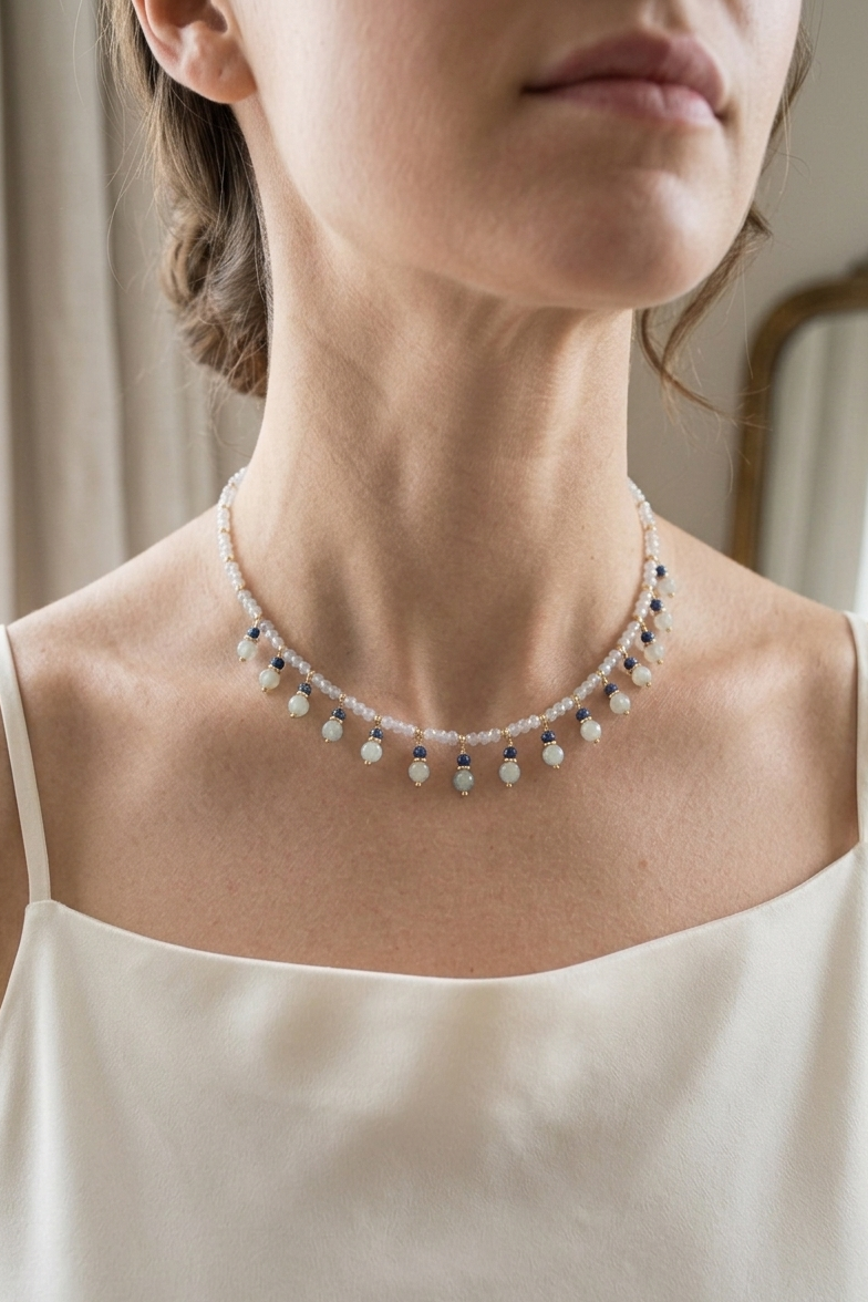 SICYLUI - COLLANA CHOCKER CON ZIRCONI BIANCHI ED ACQUAMARINA PENDENTE