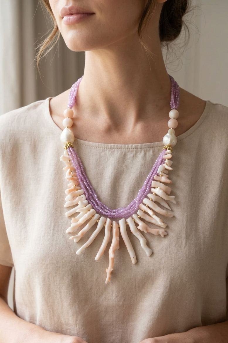 SICYLUI - COLLANA CORALLO ROSA ZIRCONI FUCSIA E GIADA ROSA