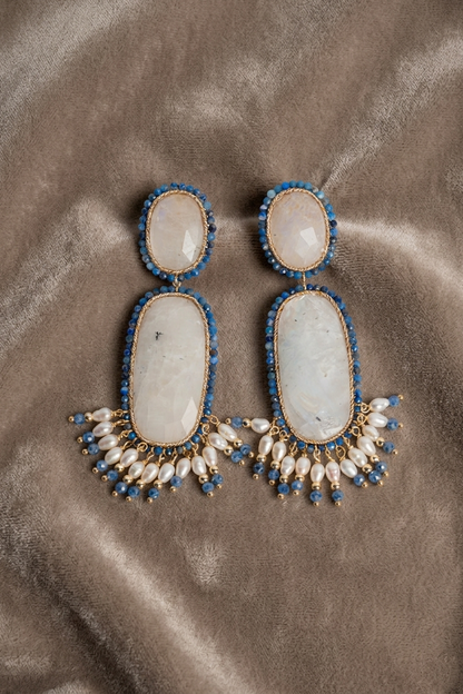 SICYLUI - ORECCHINI PENDENTI IN ARGENTO DORATO CON LABRADORITE E ZIRCONI BLU