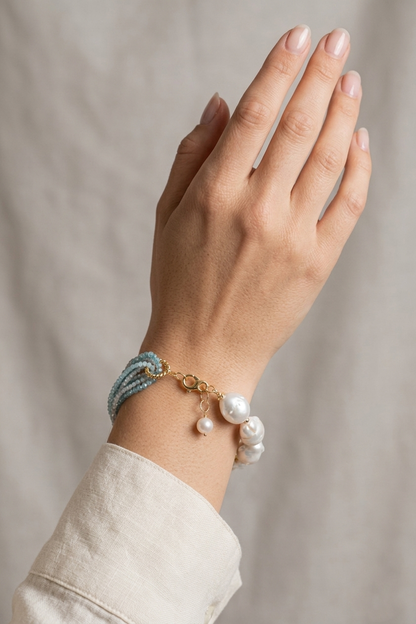 SICYLUI - BRACCIALE PERLE BAROCCHE E MULTIFILI DI ZIRCONI AZZURRI