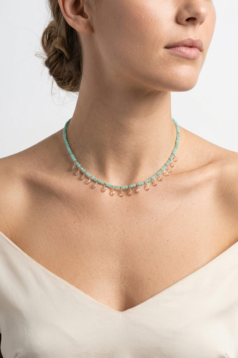 SICYLUI - CHOCKER NECKLACE WITH AQUA GREEN AND BEIGE ZIRCONIAS