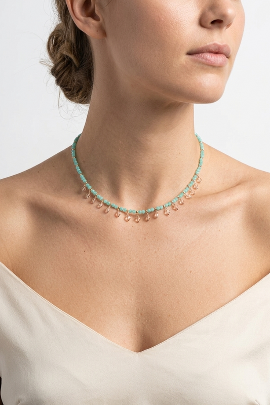 SICYLUI - COLLANA CHOCKER CON ZIRCONI VERDE ACQUA E BEIGE