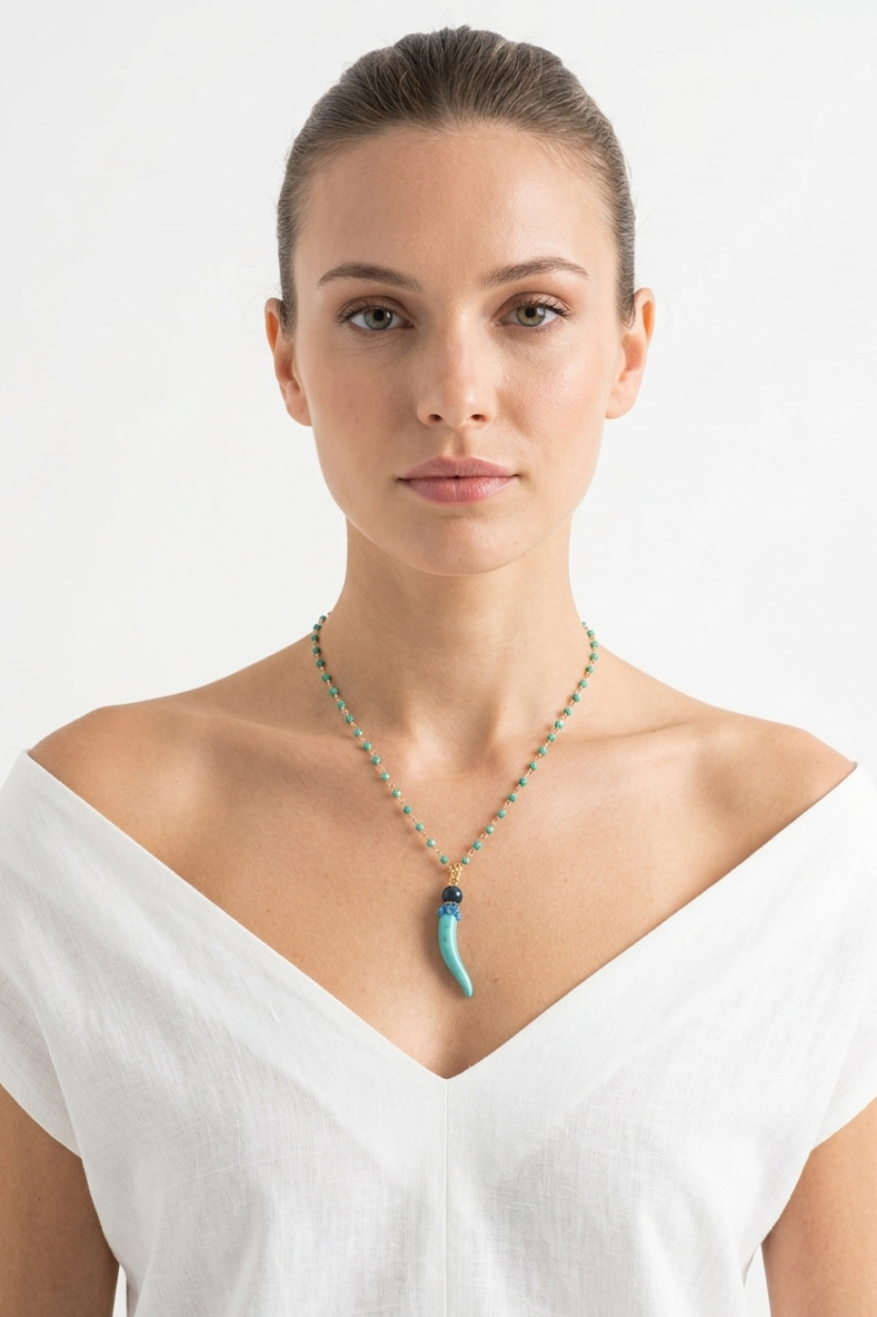SICYLUI - COLLANA CON CORNO PICCOLO IN CERAMICA TIFFANY E GIADA BLU