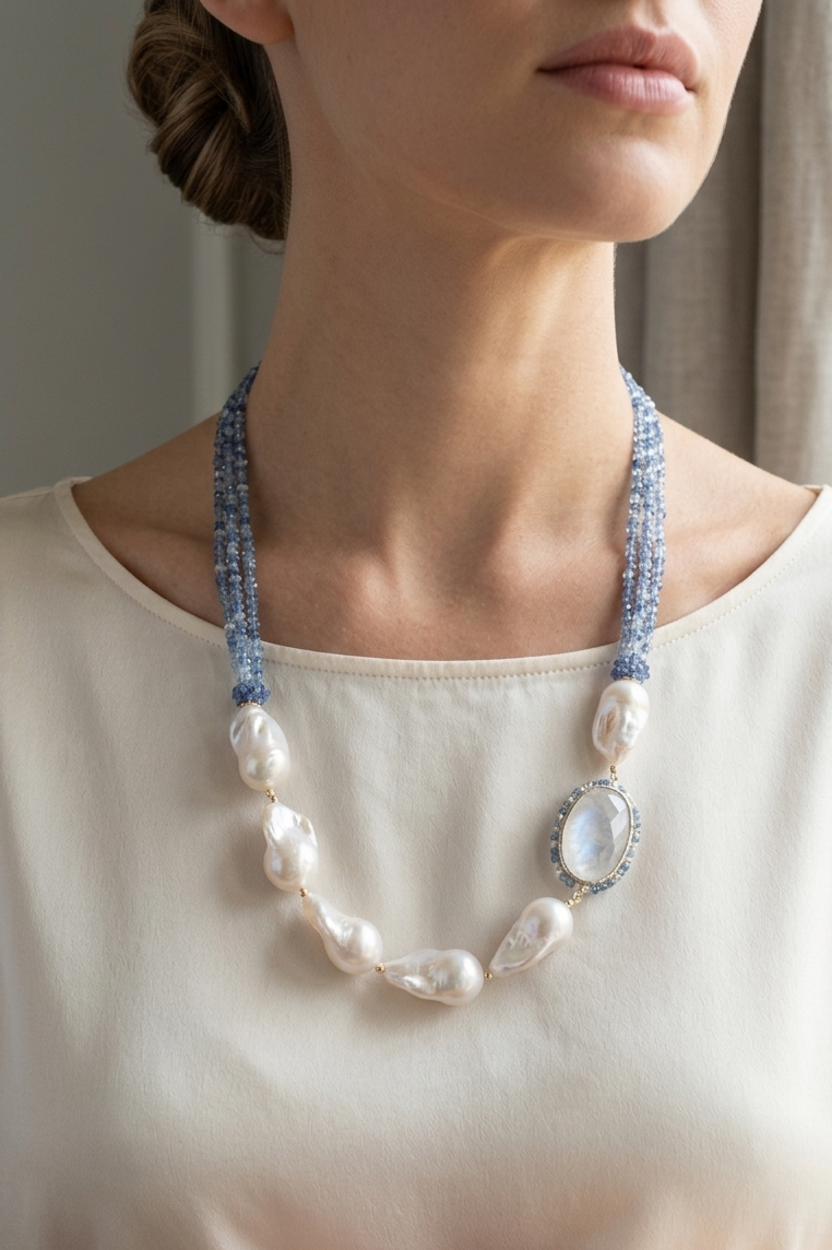 SICYLUI - COLLANA GIROCOLLO ZIRCONI AZZURRI E PERLE SCARAMAZZE