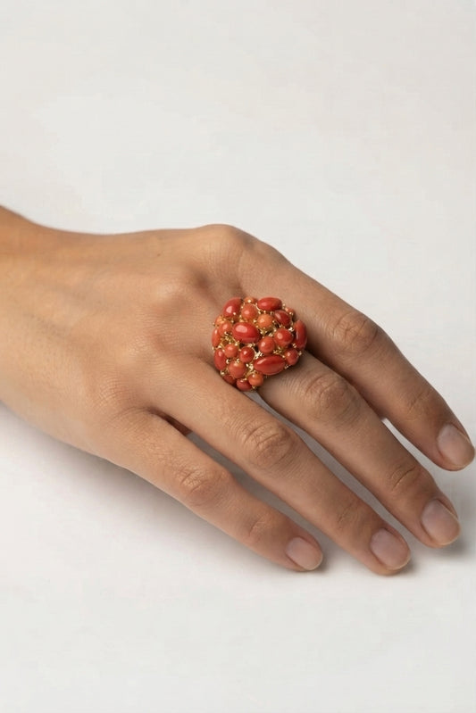 SOARA - ANELLO REGOLABILE ARGENTO DORATO E CORALLO