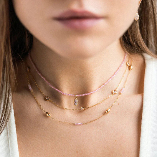 COLLANA GIROCOLLO ARGENTO DORATO CON PIETRE ROSA