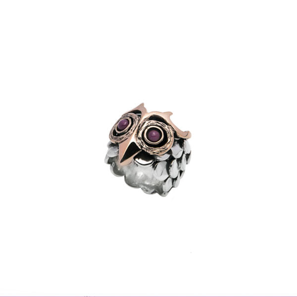 NEMORIS - ANELLO A FASCIA IN ARGENTO E BRONZO CON RUBINI