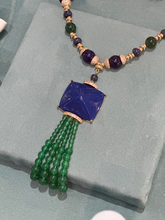 PABLO - COLLANA OTTONE AGATA VERDE QUARZO BLU