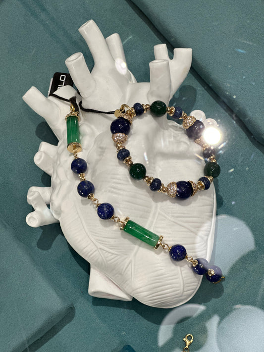 PABLO - BRACCIALE OTTONE AGATA VERDE E QUARZO BLU