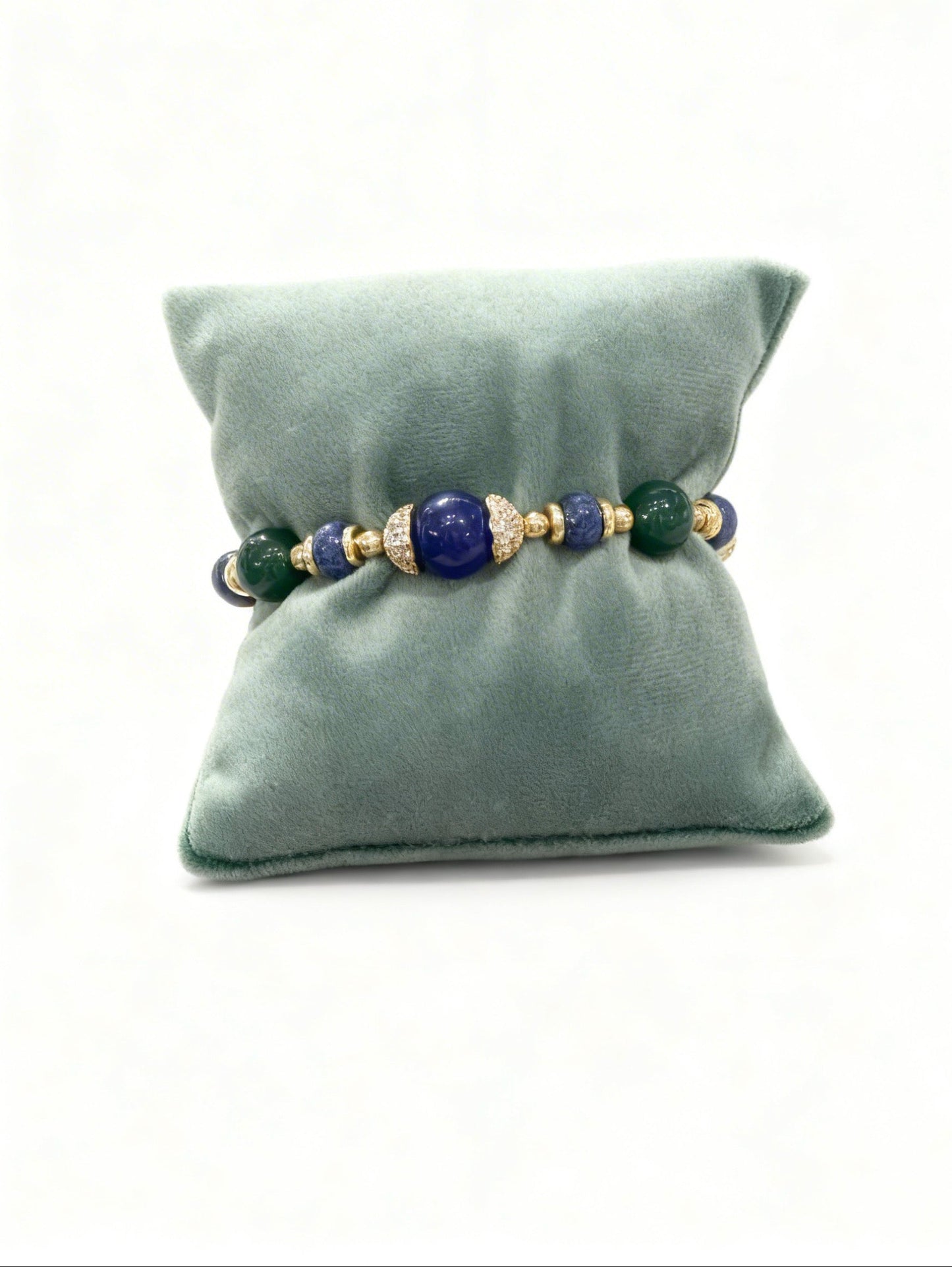 PABLO - BRACCIALE OTTONE AGATA VERDE E QUARZO BLU