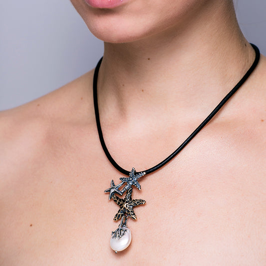 COLLANA STELLE CON PERLA ARHENTO E BRONZO