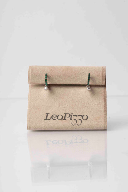 LEO PIZZO - ORECCHINI CERCHI ORO BIANCO CON SMERALDI E DIAMANTE PENDENTE
