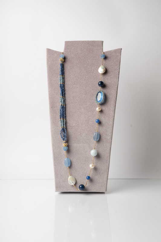 SICYLUI - COLLANA CHANEL PERLE E ZIRCONE AZZURRO