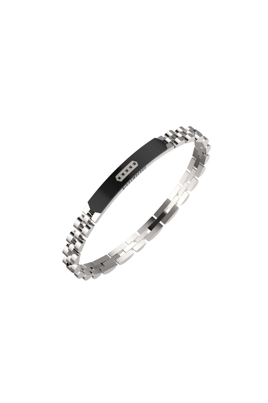 BIKKEMBERGS - BRACCIALE PERFORMANCE IN ACCIAIO RODIO E PLACCA NERA CENTRALE