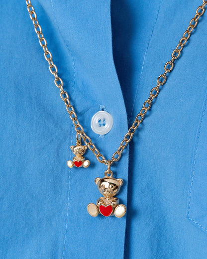 CHARM BAR - CIONDOLO ORSO BERTO XL ARGENTO DORATO E CUORE SMALTO ROSSO