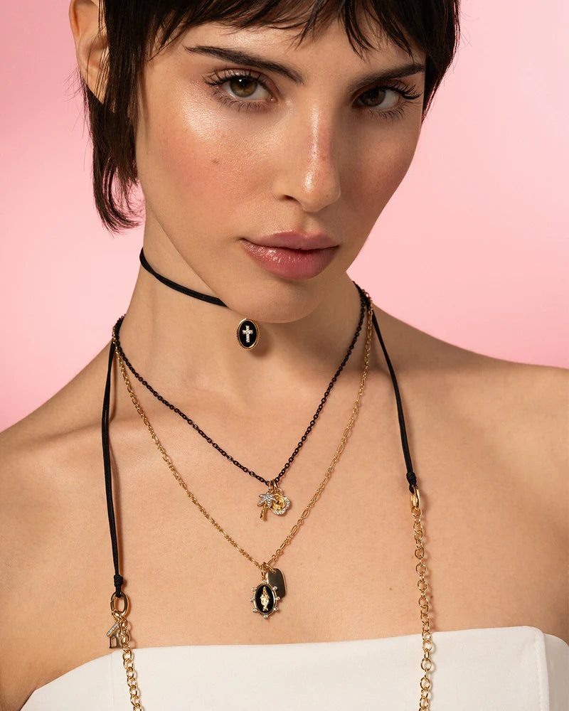 CHARM BAR - CIONDOLO MADONNA IN ARGENTO DORATO E SMALTO NERO