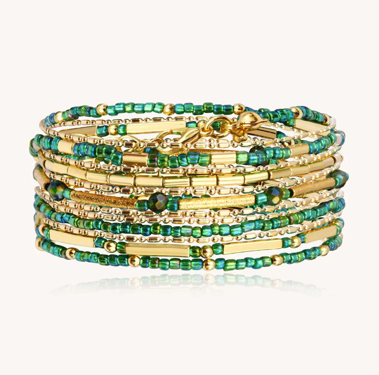 SANTIBE' - COLLANA/BRACCIALE 5 WRAP OTTONE E PERLINE VERDI OASI