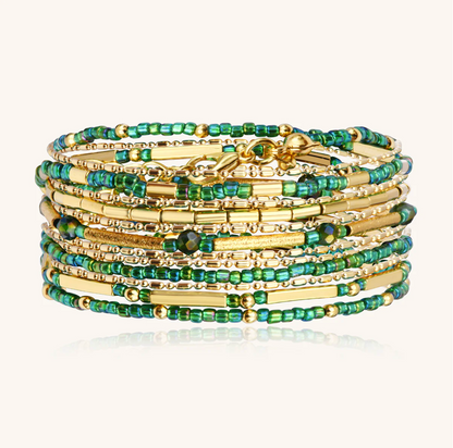 SANTIBE' - COLLANA/BRACCIALE 5 WRAP OTTONE E PERLINE VERDI OASI