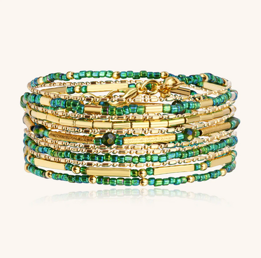 SANTIBE' - 5 WRAP BRACELET/NECKLACE BRASS AND OASI GREEN BEADS