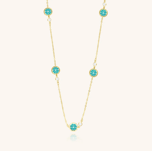SANTIBE' - LONG BRASS NECKLACE WITH TURQUOISE ZIRCONIA