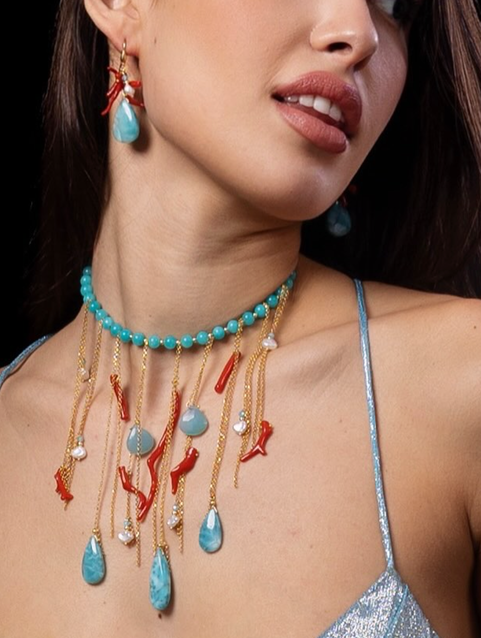 SICYLUI - COLLANA LARIMAR  CON PENDENTI IN CORALLO