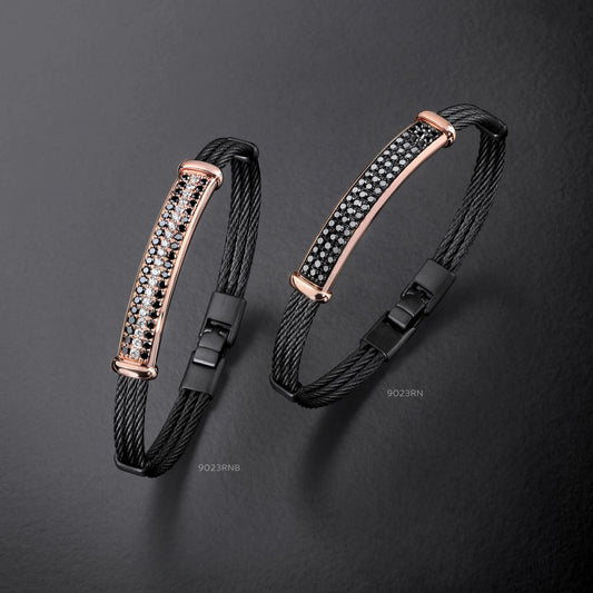 SALVATORE BERSANI - BRACCIALE IN ACCIAIO NERO CON PLACCHERA ORO ROSE' E DIAMANTI BIANCHI E NERI