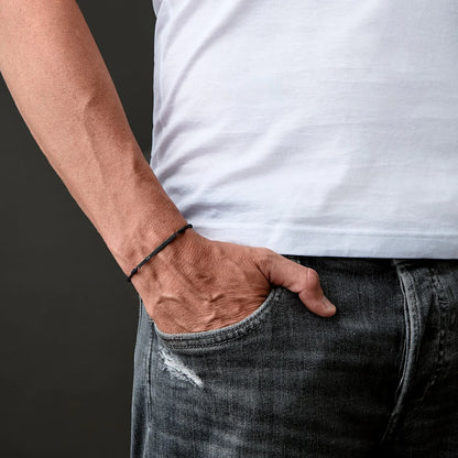 MANO J - BRACCIALE BARRETTA IN TITANIO NERO CON DIAMANTI BLACK E LACCETTO NERO