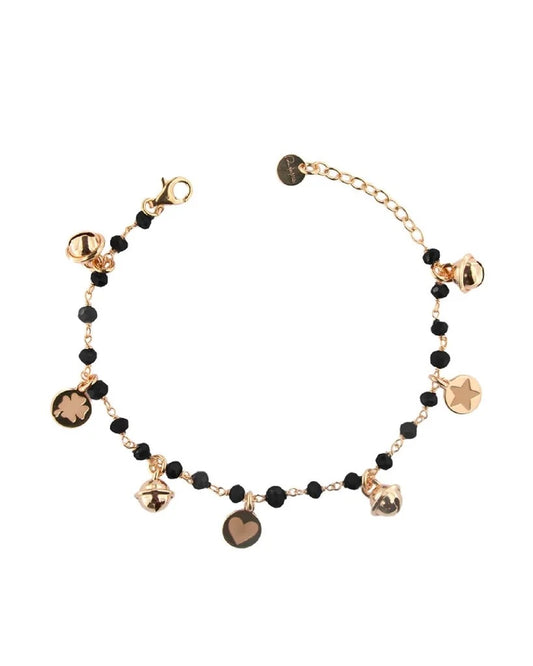 BRACCIALE GIPSY CON CIONDOLI ROSE' E PIETRE NERE