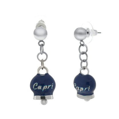 AMO CAPRI - ORECCHINI CON CAMPANELLE PICCOLE PENDENTI SMALTO BLU SCRITTA CAPRI
