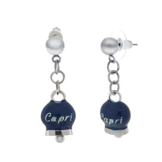 AMO CAPRI - ORECCHINI CON CAMPANELLE PICCOLE PENDENTI SMALTO BLU SCRITTA CAPRI