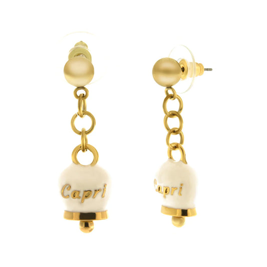 AMO CAPRI - ORECCHINI CON CAMPANELLE PENDENTI MINI PLACCATE ORO SMALTO BIANCO E SCRITTA CAPRI