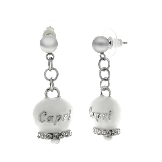 AMO CAPRI - ORECCHINI CON CAMPANELLE CAPRI PENDENTI SMALTO BIANCO E CRISTALLI